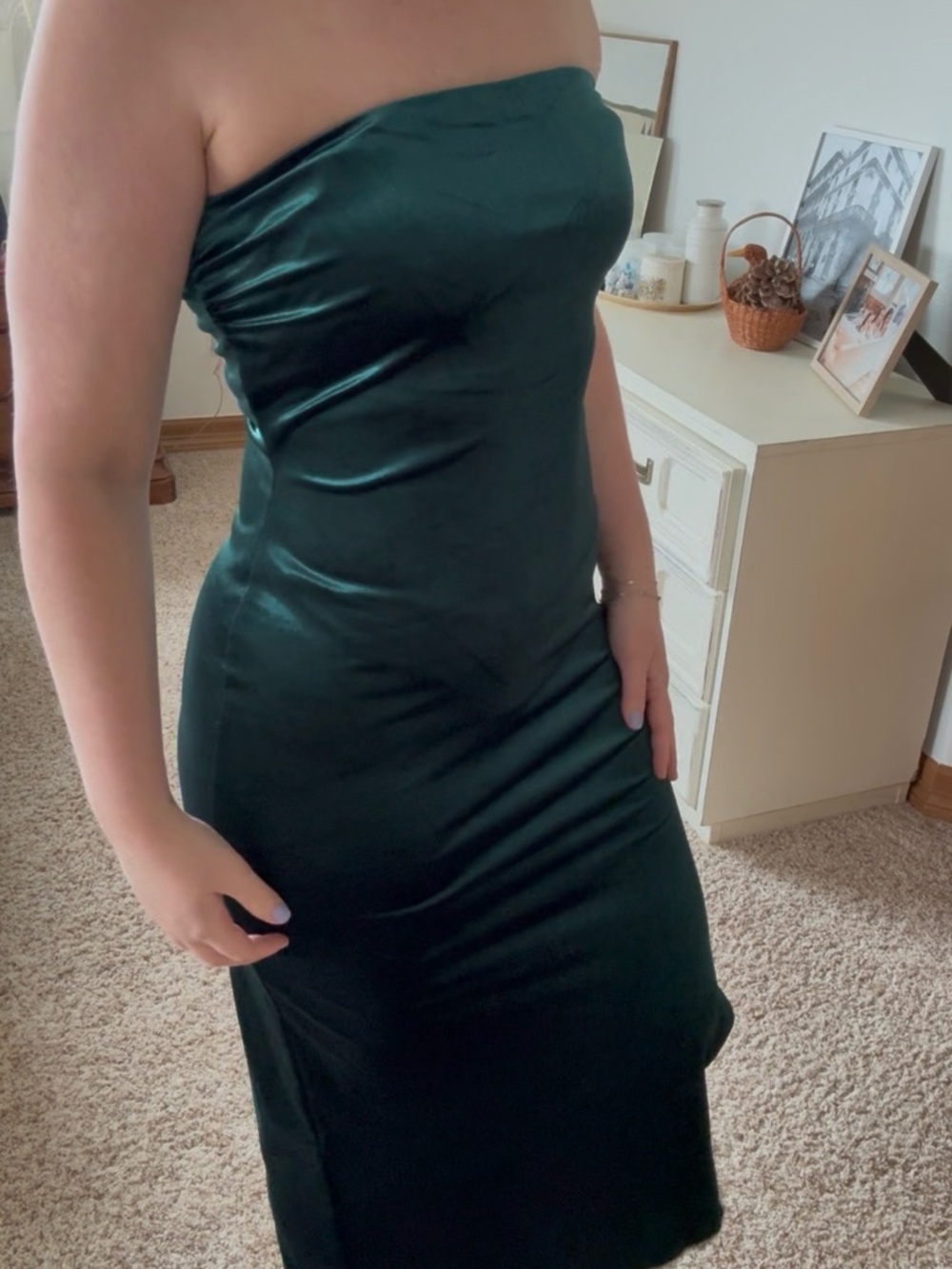 Gianni Bini Dark Emerald Strapless Satin Midi Dress